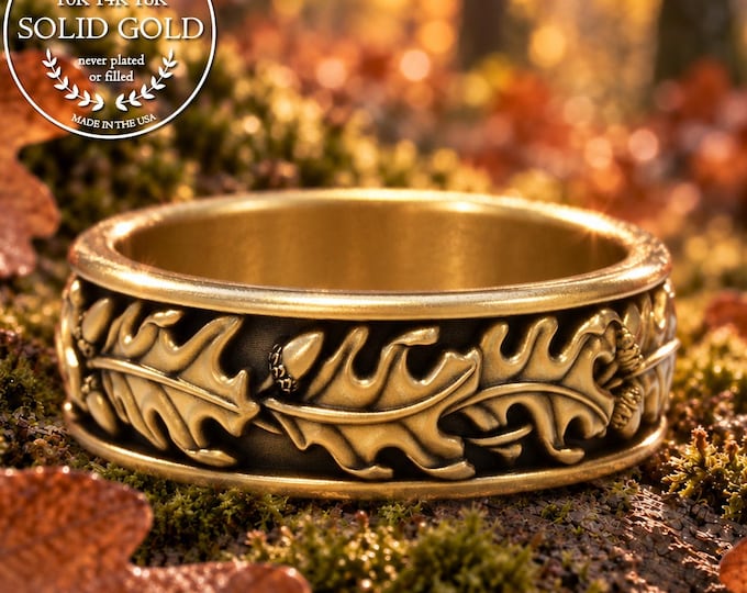 14K Oak Leaf Ring, 10K Acorn Wedding Band, 10K Gold Oak Ring, 14K Nature Wedding Ring, Gold Mens Oak Ring, Gold Nature Wedding Band, 1888