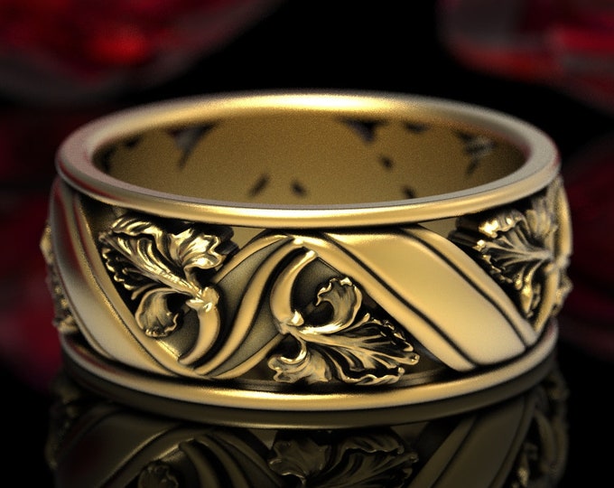 Iris Wedding Band, Gold Floral Wedding Ring, Flower Wedding Ring, Art Nouveau Wedding Ring, Nature Inspired Ring, Flower Ring, 1518