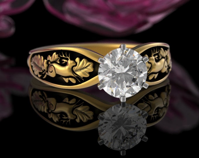 10K Gold Jackalope Engagement Ring, 1 Carat Moissanite Antler Rabbit Wedding Ring, White Gold Deer Bunny Solitaire, Forest Hare Ring, 5528
