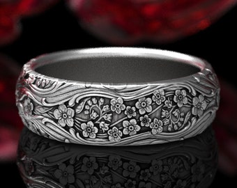 Forget-me-not Wedding Ring, Sterling Silver Art Nouveau Ring, Flower Wedding Band, Art Nouveau Floral Ring, Nature Inspired Ring DB284-R1