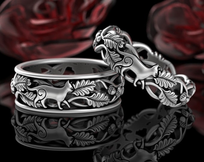 Matching Bride Groom Cat Wedding Ring Set, Sterling His Hers Feline Cat Wedding Bands, Couples Kitty Ring, Silver Kitten Elopement 5535 5552