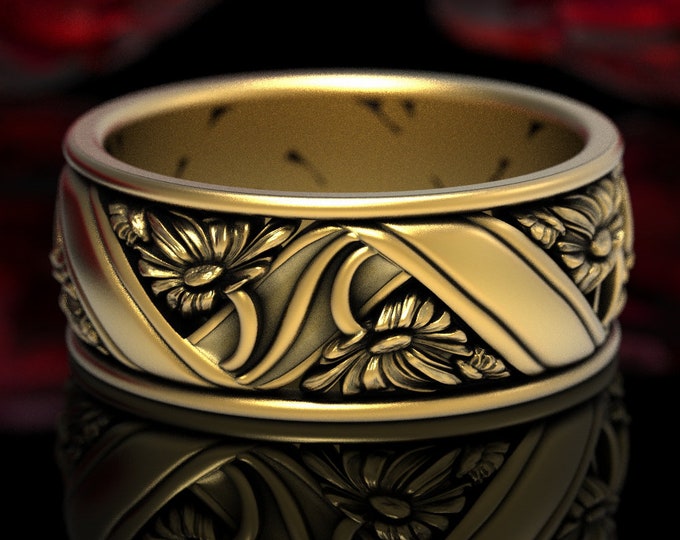 Daisy Wedding Band, Gold Floral Wedding Ring, Flower Wedding Ring, Art Nouveau Wedding Ring, Nature Inspired Ring, Flower Ring, 1516