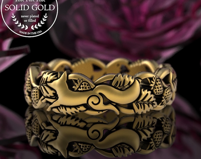 10K Gold Fox & Strawberries Ring, White Gold Kitsune Ring, 18K Berry Botanical Wedding Band, Womans 14K Gold Fox Spirit Animal Ring, 5408