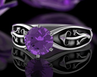 Sterling & Amethyst Mushroom Solitaire Ring, 1 Carat Botanical Bridal Wedding Ring, Womens Psychedelic Ring, Silver Shroom Ring, 5004