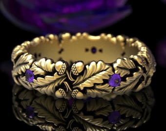 Nature Oak Ring, Gold Amethyst Ring, White Gold Art Nouveau Ring, Oak Tree Ring, Magic Ring, Forest Wedding Ring, Gold Acorn Ring, 1612