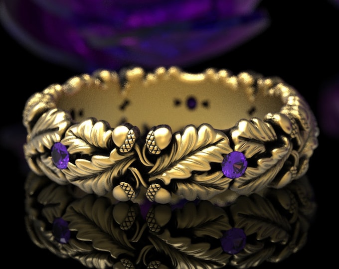 Nature Oak Ring, Gold Amethyst Ring, White Gold Art Nouveau Ring, Oak Tree Ring, Magic Ring, Forest Wedding Ring, Gold Acorn Ring, 1612