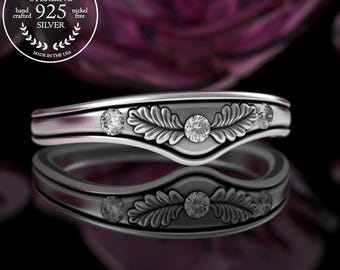 Stacking Accent Moissanite Oak Leaves Wedding Band, Bridal Fitted Stacker, Sterling Silver Forest Wedding Band, Contoured Guard Ring, 5014