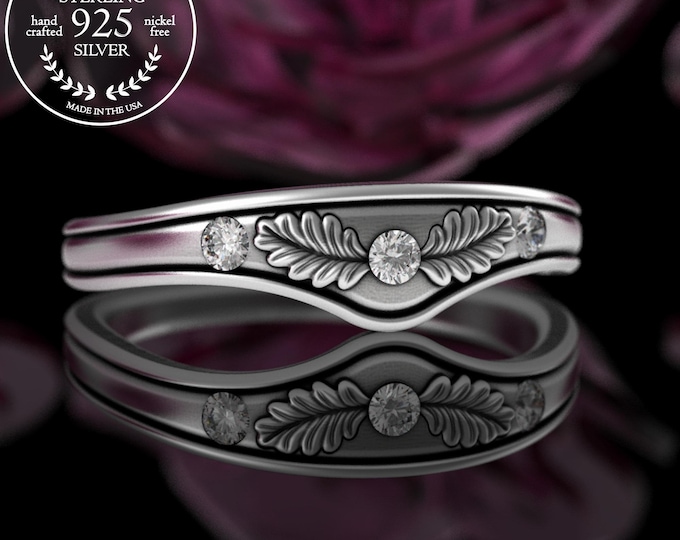 Stacking Accent Moissanite Oak Leaves Wedding Band, Bridal Fitted Stacker, Sterling Silver Forest Wedding Band, Contoured Guard Ring, 5014