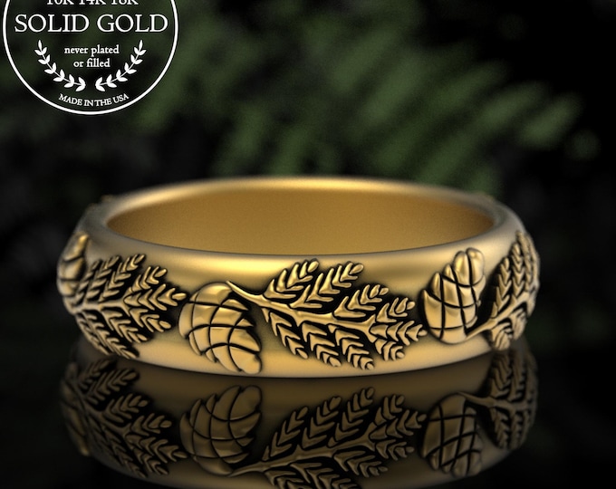14K Gold Pinetree Ring, Platinum Mountain Forest Wedding Band, Evergreen Tree Branches Ring, 18K White Gold Winter Bride Marriage Ring, 5306