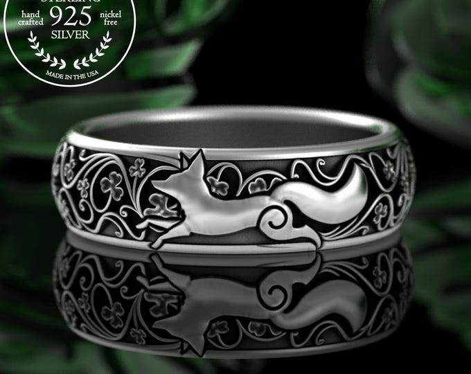 Sterling Lucky Fox & Clover Ring, Silver Running Fox Wedding Band, Women's 925 Botanical 3 Leaf Shamrock Ring, Foxy Lady Celtic Ring, 5049