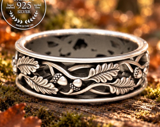 Mens Oak Leaf Ring, Sterling Silver Mens Ring, Nature Wedding Band, Silver Leaf Ring, Sterling Acorn Ring, Oak Leaf Ring, Nature Ring, 1647