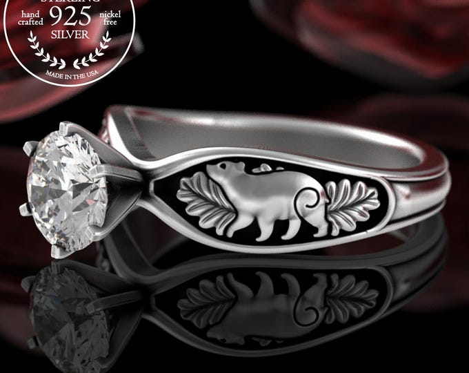 Sterling 1 Carat Bear Engagement Ring, Forest Cub Bears Wedding Ring, Moissanite Forest Nature Solitaire, Silver Baby Bear Cub Ring, 5529