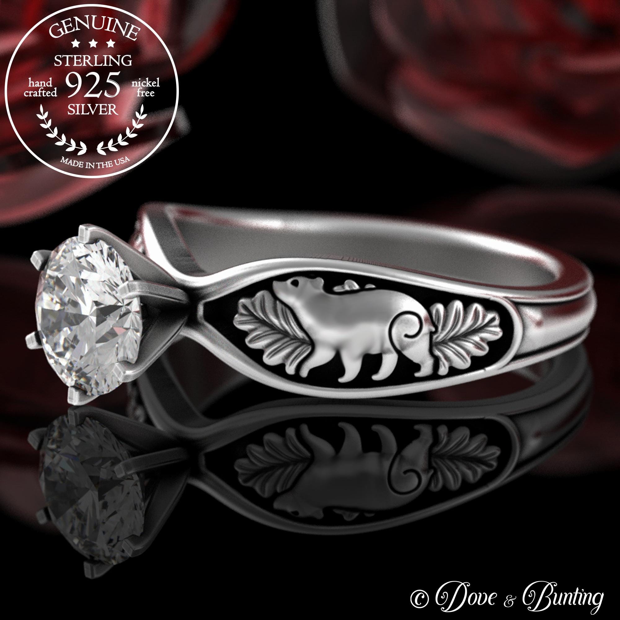 Sterling 1 Carat Bear Engagement Ring, Forest Cub Bears Wedding Ring, Moissanite Forest Nature Solitaire, Silver Baby Bear Cub Ring, 5529