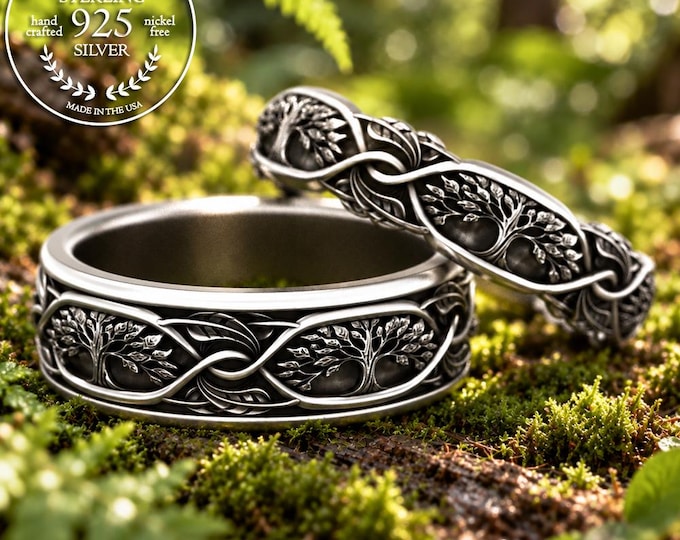 Sterling Matching Forest Wedding Ring Set, Silver His Hers Tree of Life Rings, Nature Bride Groom Pagan Handfasting Wedding Bands, 2001 2002