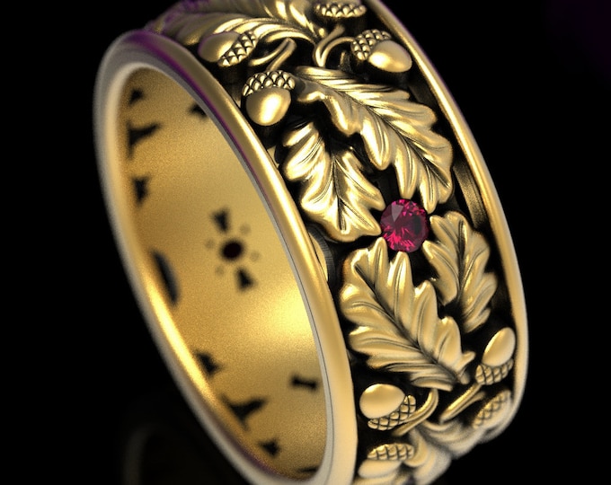 Gold Nature Wedding Band, Ruby Wedding Ring, White Gold Leaf Ring, Oak Tree Ring, Gold Nature Ring, Forest Wedding Ring, Acorn Ring, 1611