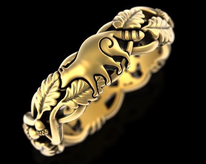 10K 14K Gold Raccoon Ring, White Gold Forest Animal Ring, Woodlands Platinum Wedding Band, 18K Oak Tree Spirit Animal Wedding Ring, 5539
