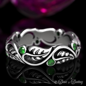Emerald Leaf Wedding Band, Sterling Silver Leaf Ring, Leaf Ring, Art Nouveau Swirl Ring, Silver Nature Wedding Ring, Silver Plant Ring, 1626