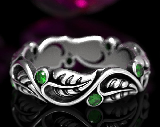 Emerald Leaf Wedding Band, Sterling Silver Leaf Ring, Leaf Ring, Art Nouveau Swirl Ring, Silver Nature Wedding Ring, Silver Plant Ring, 1626