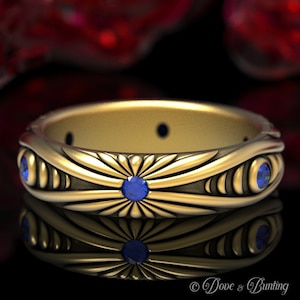 Gold & Sapphire Wedding Band, Moon Phase Ring, Gold Moon Ring, Gold Art Nouveau Wedding Ring, Moon Wedding Ring, Sapphire Moon Ring, 1538