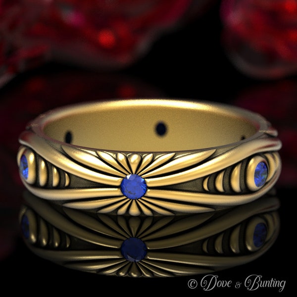 Trouwring goud en saffier, maanfasering, gouden maanring, gouden art nouveau-trouwring, maantrouwring, maanring saffier, 1538