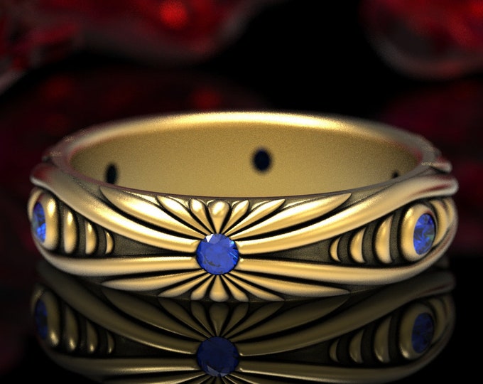 Gold & Sapphire Wedding Band, Moon Phase Ring, Gold Moon Ring, Gold Art Nouveau Wedding Ring, Moon Wedding Ring, Sapphire Moon Ring, 1538