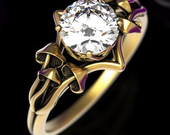 Moissanite & Gold Mushroom Wedding Ring, Mushroom Engagement Ring, 10K Mushroom Wedding Ring, 14K Mushroom Solitaire Ring, 7003