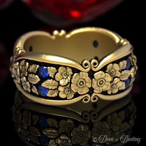 Forget-me-not Wedding Band with Sapphires, Gold Flower Ring, Flower Wedding Band, Platinum Floral Ring, Nature Inspired Ring, 184-R4
