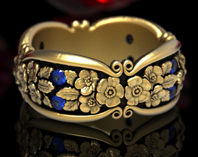 Forget-me-not Wedding Band with Sapphires, Gold Flower Ring, Flower Wedding Band, Platinum Floral Ring, Nature Inspired Ring, 184-R4
