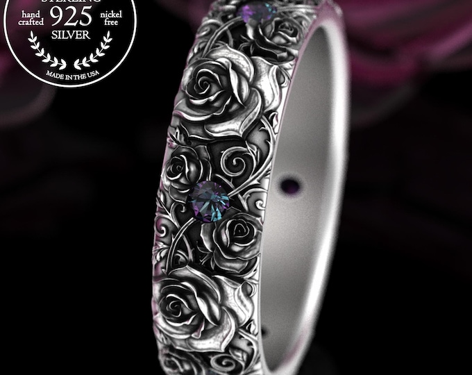 Alexandrite Rose Bridal Ring, Sterling Flower Garden Ring, Art Nouveau Flower Wedding Band, Botanical Wedding Jewelry, 5226