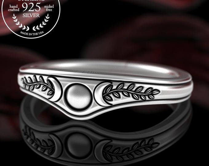 Sterling Moon Phase Stacker Ring, Woman's Magic Goddess Accent Wedding Ring, Silver Sacred Feminine Jewelry, Esoteric Chevron Ring, 3337