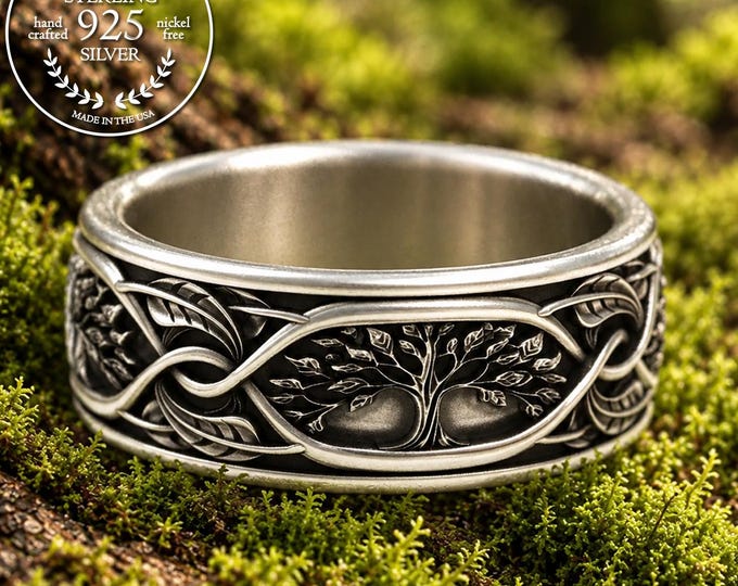 Sterling Groom's Forest Wedding Band, Silver Family Tree Men's Ring, Intricate Nature Leaves Ring, 2075
