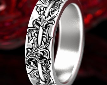 Floral Art Nouveau Ring, Solid Sterling Silver Ring, Nature Wedding Ring, Floral Wedding Band, Vintage Style Ring, Woman Wedding Ring, 1551