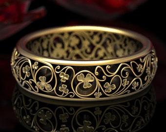 Lucky Clover Ring, Gold Irish Wedding Ring, Filigree Wedding Ring, Gold Clover Ring, Irish Clover Ring, 3 Leaf Clover Ring, Celtic Ring,1548