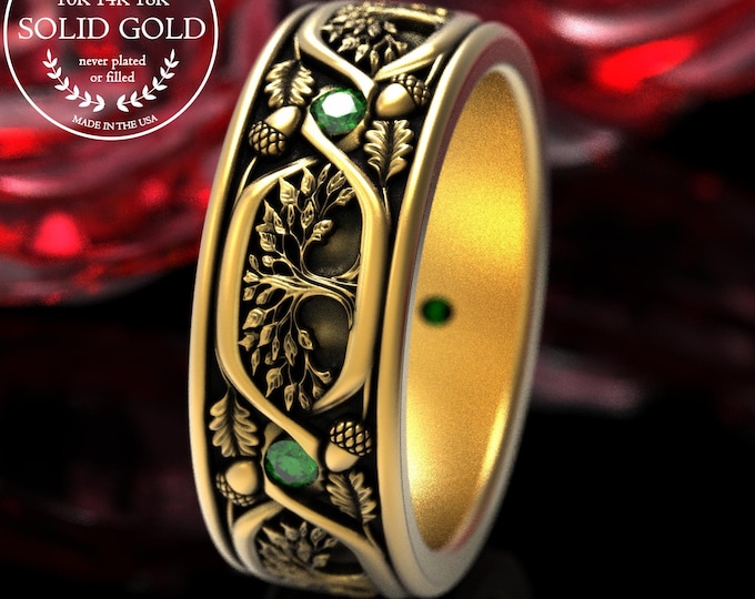 Gold Emerald Oak Tree & Acorn Motif Ring, 18K White Gold Nature Anniversary Ring, 10K Woodland Wedding Ring, 14K Enchanted Forest Ring, 2032