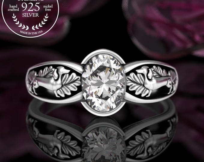 Sterling Dachshund Engagement Ring, Women's Oval Purebred Dog Solitaire, Silver Diamond Breeder Marriage Proposal, Sausage Dog Jewelry, 5063