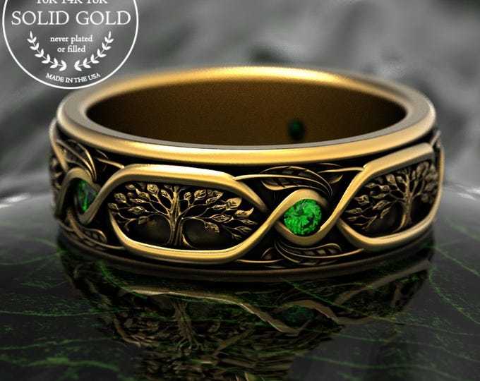 Emerald & Gold Forest Wedding Band, 10K 14K Botanical Tree Wedding Ring, White Gold Leaves Ring for Groom, Men's Platinum Nature Ring, 2004