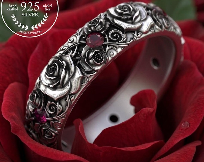 Roses & Rubies Wedding Band for Woman, Sterling Bridal Flower Ring, Rose Bouquet Jewelry, Silver Floral Art Nouveau, 5226