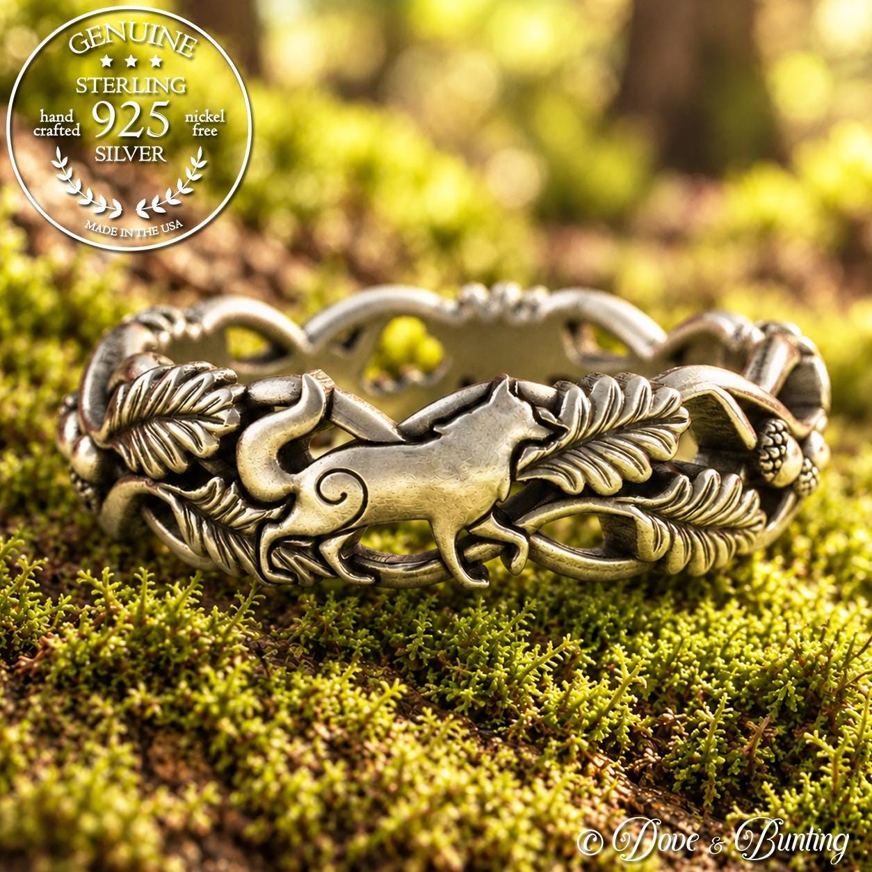 Womens Silver Wolf Ring, Wolf Forest Oak Leaf Wedding Band