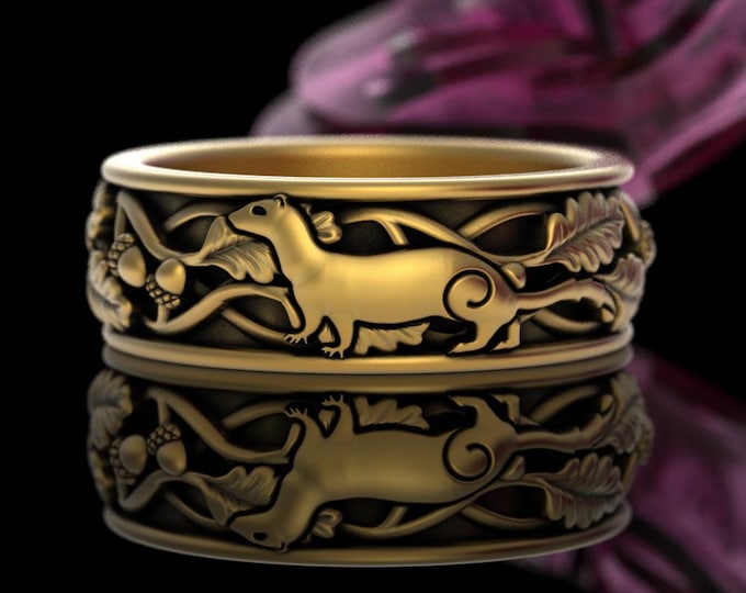 Solid Gold Ferret Ring, 10K 14K Weasel Wedding Band, Polecat Ring, Groom Weasel Wedding Ring, Platinum Spirit Animal, Ferret Lover Ring 5520