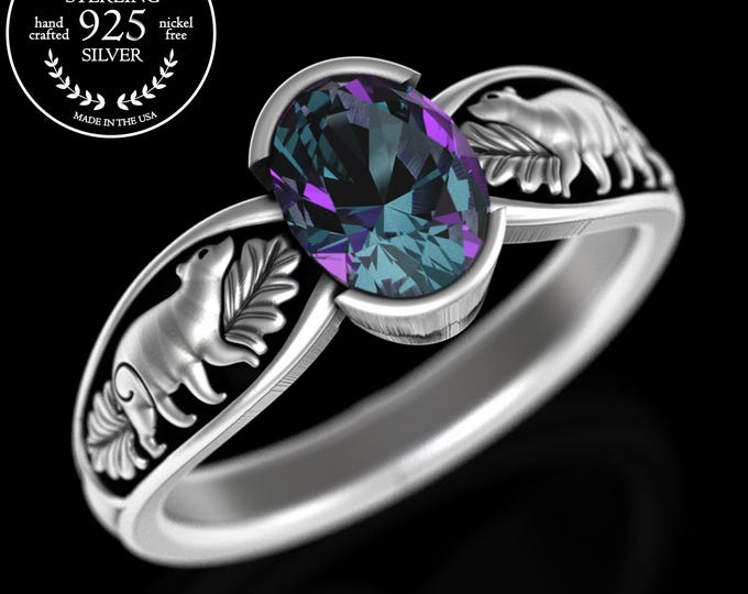 Sterling Guardian Bear Engagement Ring, Alexandrite Bezel Solitaire Ring, Silver Mountain Black Bear Jewelry, Rocky Mountain Wedding, 5062