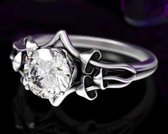 Moissanite Sterling Engagement Ring, Mushroom Engagement Ring, Silver Mushroom Ring, Botanical Engagement Ring, Moissanite Wedding Ring,7003