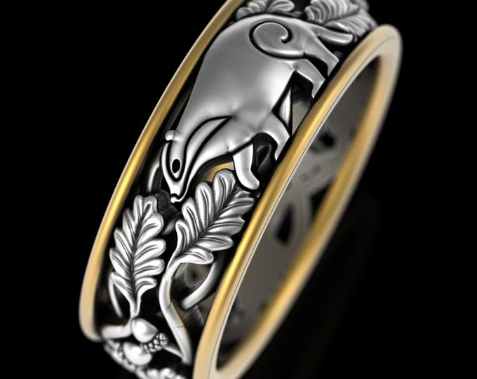 10K Gold & Sterling Badger Ring, Men's European Badger Wedding Band, 2tone Groom's Forest Ring, Tanuki Ring, Brock Badger Mascot Ring, 5810