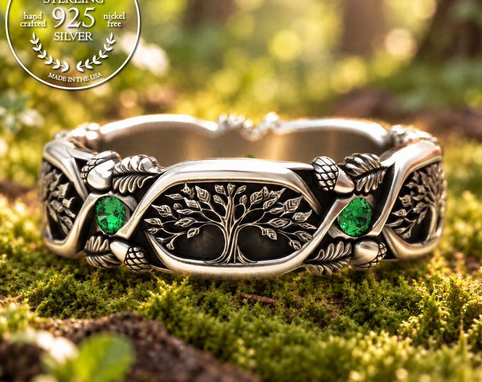 Emerald & Sterling Forest Wedding Ring, Sapphire Botanical Tree Handfasting, Womens Oak Leaf Ring, Silver Amethyst Acorn Wedding Band, 2022