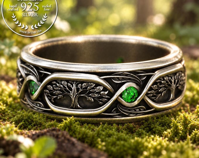 Sterling Groom Tree Ring, Silver Mens Botanical Wedding Band, Emerald Sapphire Ruby Nature Inspired Wedding Ring, Art Nouveau Forest, 2004