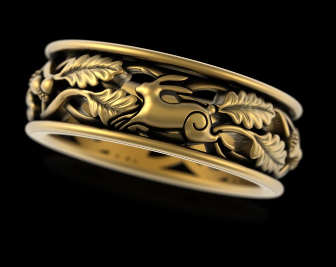 Gold Leaping Rabbit Wedding Band, 10K 14K Year of the Rabbit Ring, Mens Hare Ring, Platinum Bunny Ring, 18K Groom Nature Forest Ring, 5553