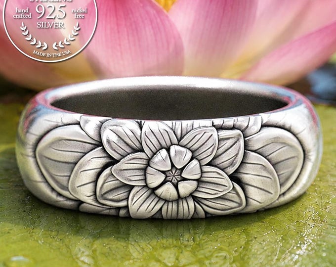 Woman's Sterling Lotus Flower Wedding Ring, Silver Art Nouveau Ring, Floral Wedding Band, Silver Flower Ring, Bridal Flower Ring, 1616