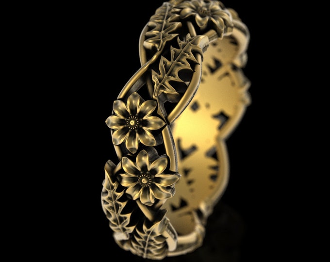 10K Wild Daisy Flower Ring, 14K Gold Daisy Botanical Wedding Ring, Womens White Gold Art Nouveau Floral Ring, 18K Bridal Nature Ring, 5406
