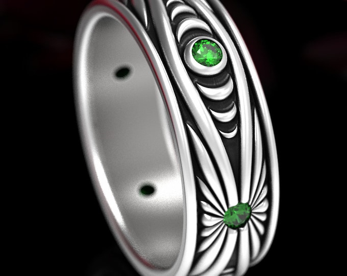 Moon Phase Ring, Sterling Silver Moon Ring, Emerald Silver Moon Ring, Mens Silver Geometrical Ring, Sun & Moon Ring, Moon Wedding Ring, 1539
