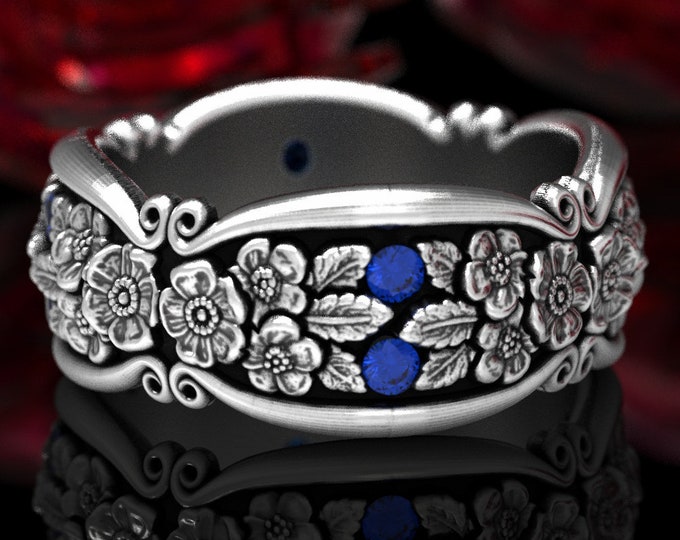Forget-me-not Wedding Band, Sterling + Sapphire Wedding Ring, Sterling Silver Floral Ring, Flower Wedding Band, Nature Inspired Ring, 184-R4