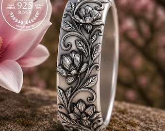 Sterling Magnolia Wedding Band, Woman's Blooming Flower Ring, Silver Southern Bride Ring, Western Flower Jewelry, 5065